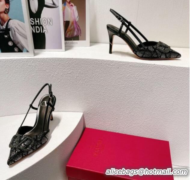 Top Grade Valentino VLogo Slingback Pumps 8cm in Toile Iconographe Strass Black/Green 612058