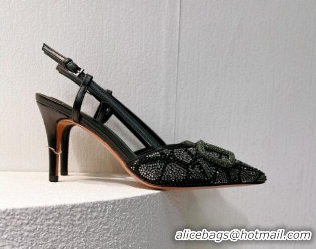 Top Grade Valentino VLogo Slingback Pumps 8cm in Toile Iconographe Strass Black/Green 612058