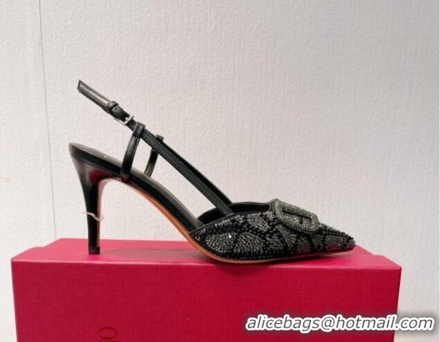 Top Grade Valentino VLogo Slingback Pumps 8cm in Toile Iconographe Strass Black/Green 612058