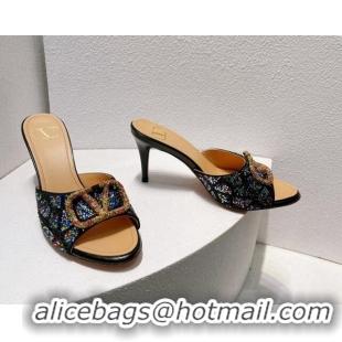 Unique Style Valentino VLogo Heel Slides Sandal 8cm in Toile Iconographe Strass Black/Multicolor 612059