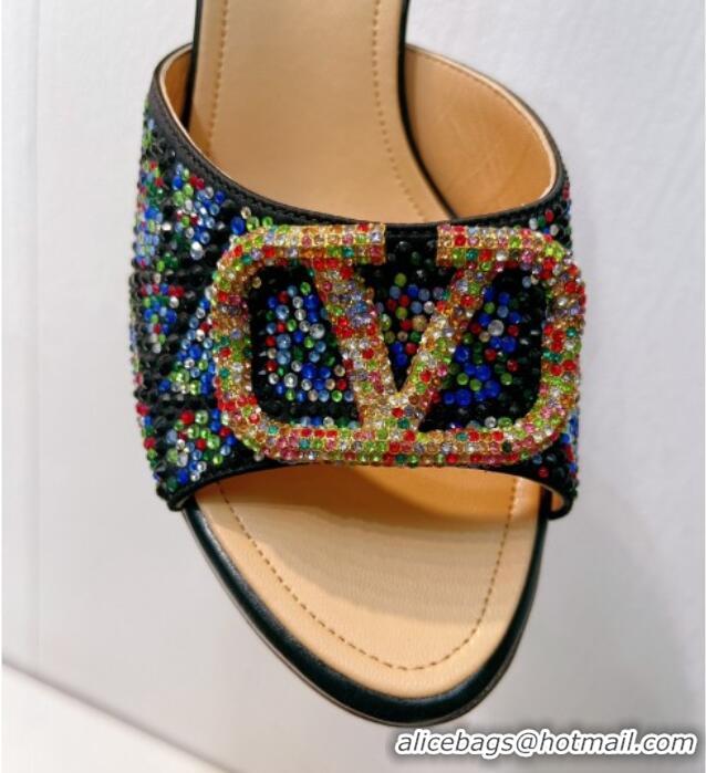 Unique Style Valentino VLogo Heel Slides Sandal 8cm in Toile Iconographe Strass Black/Multicolor 612059