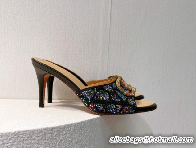 Unique Style Valentino VLogo Heel Slides Sandal 8cm in Toile Iconographe Strass Black/Multicolor 612059