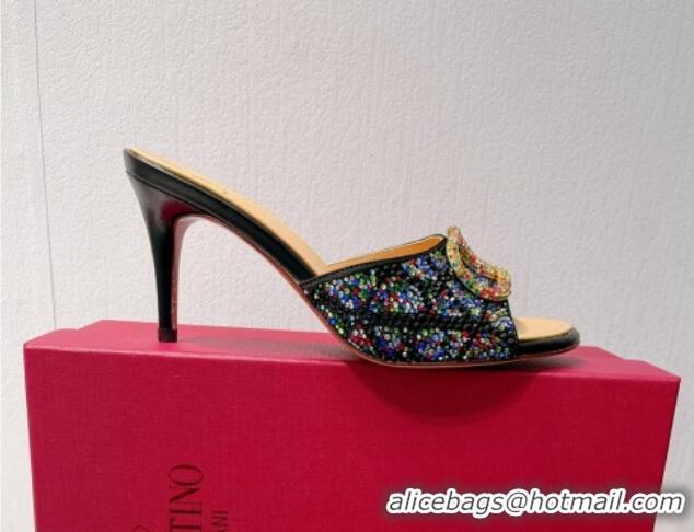 Unique Style Valentino VLogo Heel Slides Sandal 8cm in Toile Iconographe Strass Black/Multicolor 612059