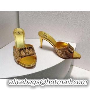 Shop Duplicate Valentino VLogo Heel Slides Sandal 8cm in Toile Iconographe Strass Gold Yellow 612060