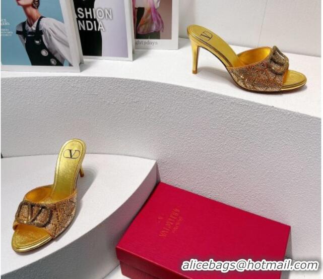 Shop Duplicate Valentino VLogo Heel Slides Sandal 8cm in Toile Iconographe Strass Gold Yellow 612060