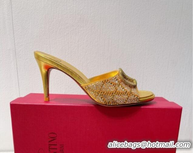 Shop Duplicate Valentino VLogo Heel Slides Sandal 8cm in Toile Iconographe Strass Gold Yellow 612060