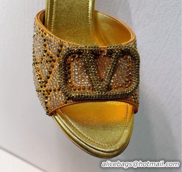 Shop Duplicate Valentino VLogo Heel Slides Sandal 8cm in Toile Iconographe Strass Gold Yellow 612060