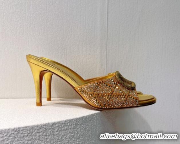 Shop Duplicate Valentino VLogo Heel Slides Sandal 8cm in Toile Iconographe Strass Gold Yellow 612060