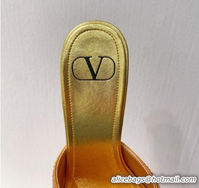 Shop Duplicate Valentino VLogo Heel Slides Sandal 8cm in Toile Iconographe Strass Gold Yellow 612060