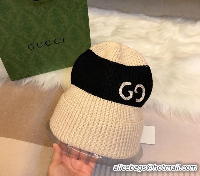 Top Design Gucci Knit Hat with Sequins GG 0131 Light Beige/Black 2024