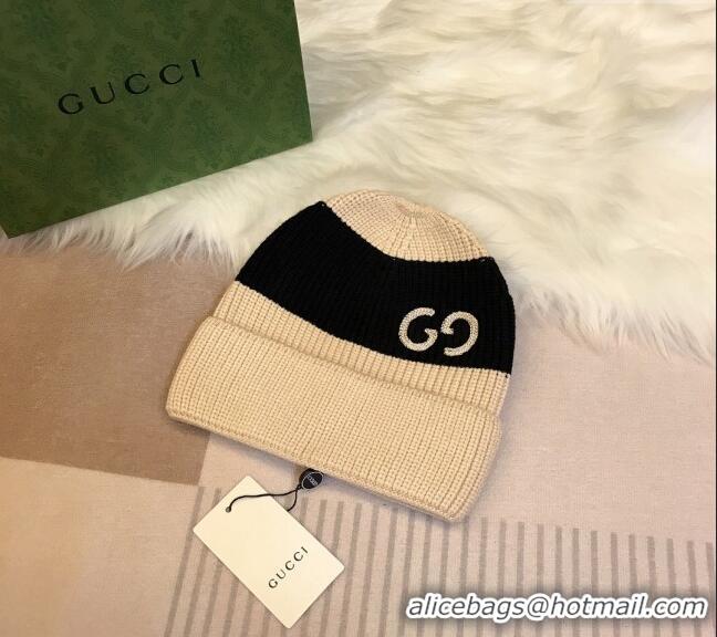 Top Design Gucci Knit Hat with Sequins GG 0131 Light Beige/Black 2024