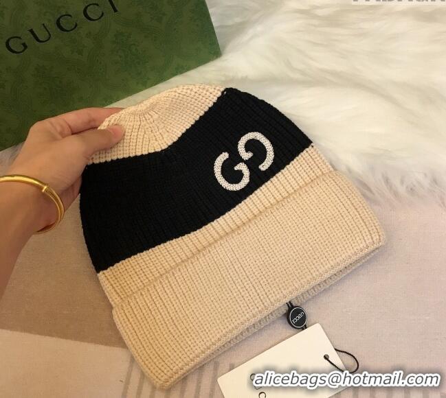 Top Design Gucci Knit Hat with Sequins GG 0131 Light Beige/Black 2024