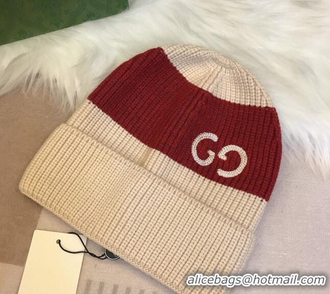 Buy Classic Gucci Knit Hat with Sequins GG 0131 Light Beige/Red 2024