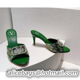 Best Price Valentino VLogo Heel Slides Sandal 8cm in Toile Iconographe Strass Green/Silver 612061