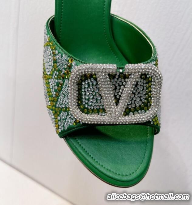 Best Price Valentino VLogo Heel Slides Sandal 8cm in Toile Iconographe Strass Green/Silver 612061