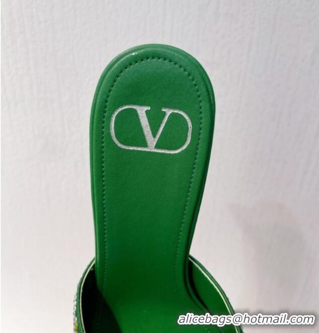 Best Price Valentino VLogo Heel Slides Sandal 8cm in Toile Iconographe Strass Green/Silver 612061