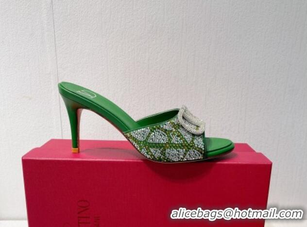 Best Price Valentino VLogo Heel Slides Sandal 8cm in Toile Iconographe Strass Green/Silver 612061