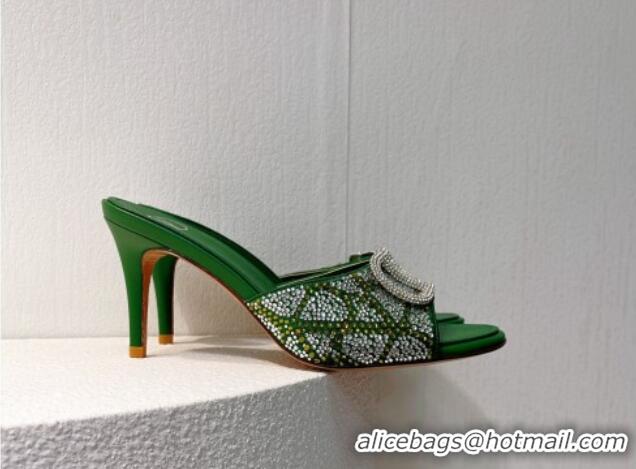 Best Price Valentino VLogo Heel Slides Sandal 8cm in Toile Iconographe Strass Green/Silver 612061