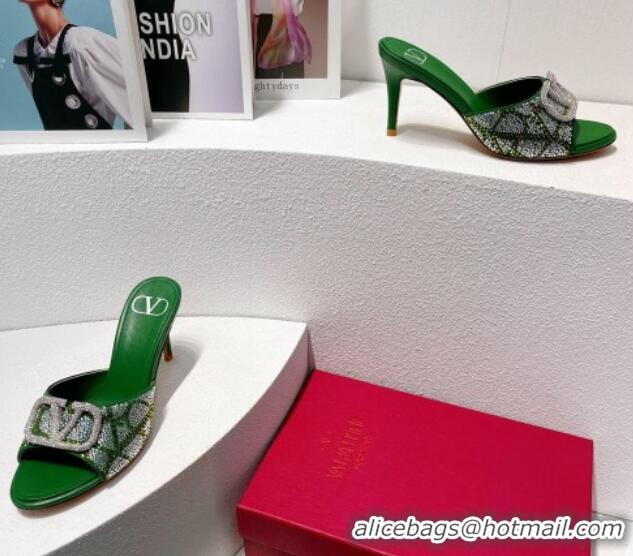 Best Price Valentino VLogo Heel Slides Sandal 8cm in Toile Iconographe Strass Green/Silver 612061