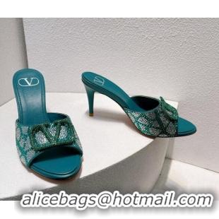 Sophisticated Valentino VLogo Heel Slides Sandal 8cm in Toile Iconographe Strass Green/Blue 612062