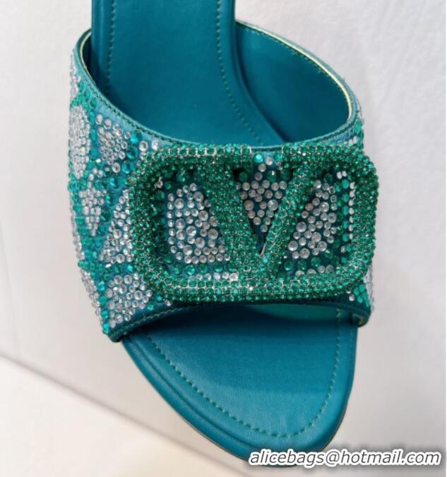 Sophisticated Valentino VLogo Heel Slides Sandal 8cm in Toile Iconographe Strass Green/Blue 612062