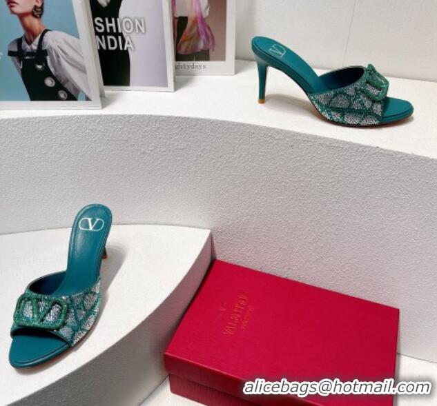 Sophisticated Valentino VLogo Heel Slides Sandal 8cm in Toile Iconographe Strass Green/Blue 612062