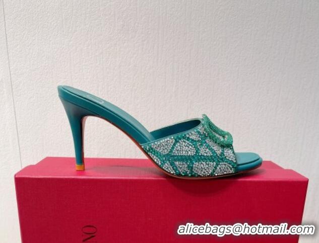 Sophisticated Valentino VLogo Heel Slides Sandal 8cm in Toile Iconographe Strass Green/Blue 612062