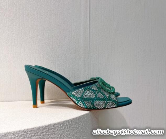 Sophisticated Valentino VLogo Heel Slides Sandal 8cm in Toile Iconographe Strass Green/Blue 612062