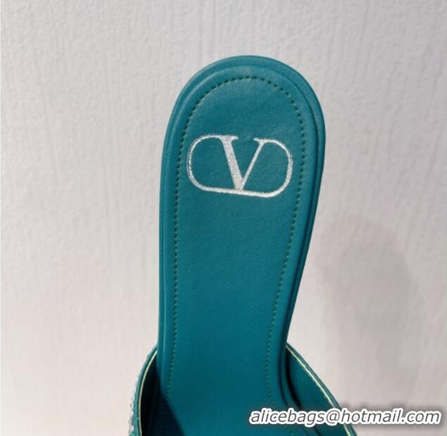 Sophisticated Valentino VLogo Heel Slides Sandal 8cm in Toile Iconographe Strass Green/Blue 612062