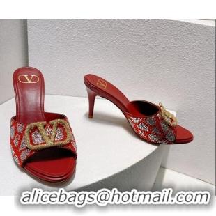 Sumptuous Valentino VLogo Heel Slides Sandal 8cm in Toile Iconographe Strass Burgundy 612063