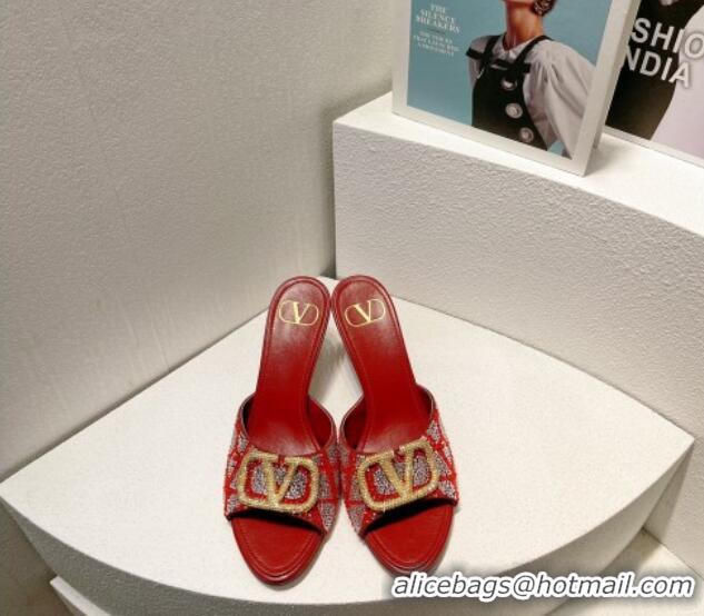 Sumptuous Valentino VLogo Heel Slides Sandal 8cm in Toile Iconographe Strass Burgundy 612063