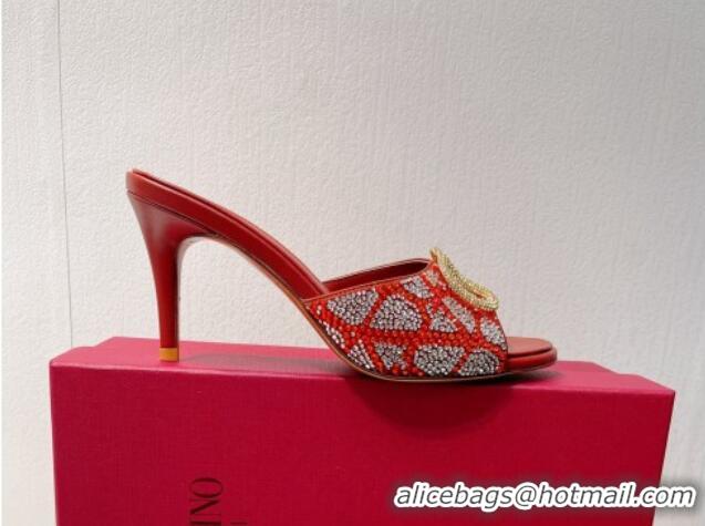 Sumptuous Valentino VLogo Heel Slides Sandal 8cm in Toile Iconographe Strass Burgundy 612063