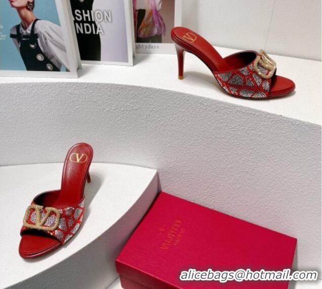 Sumptuous Valentino VLogo Heel Slides Sandal 8cm in Toile Iconographe Strass Burgundy 612063