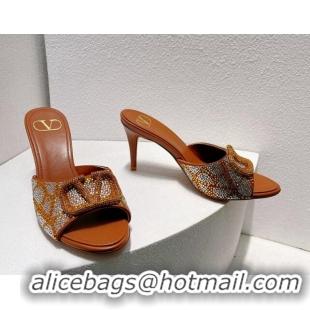 Best Grade Valentino VLogo Heel Slides Sandal 8cm in Toile Iconographe Strass Tan Brown 612064