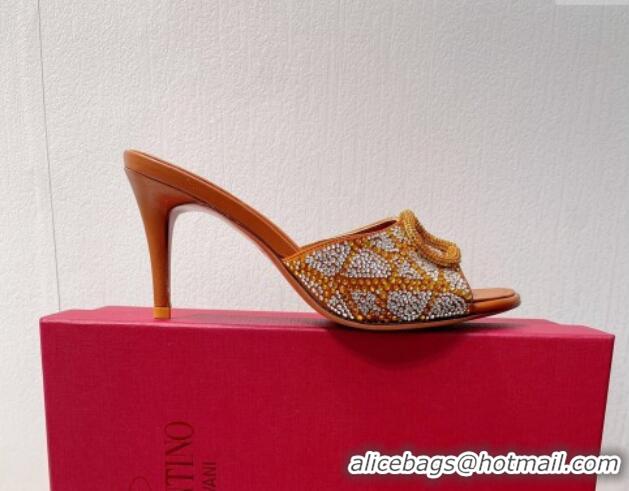 Best Grade Valentino VLogo Heel Slides Sandal 8cm in Toile Iconographe Strass Tan Brown 612064