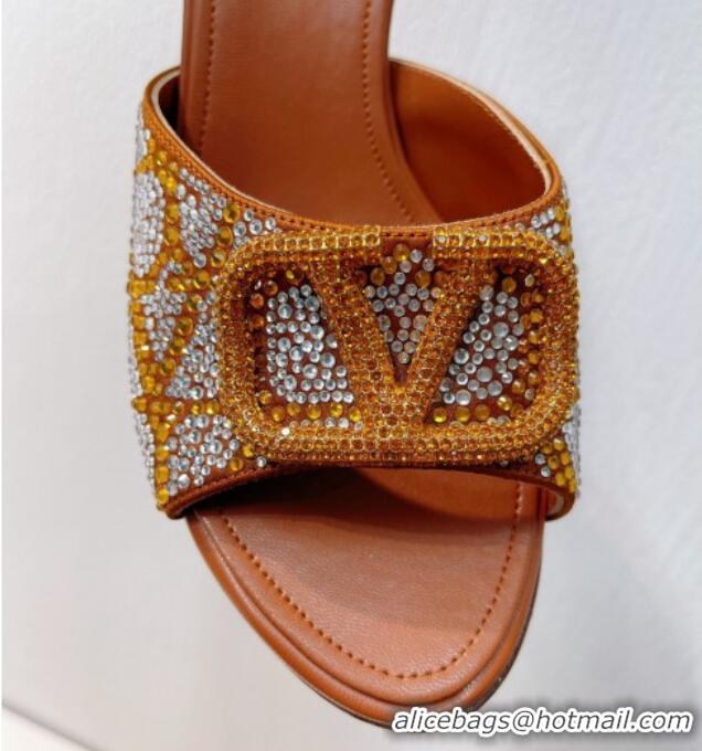 Best Grade Valentino VLogo Heel Slides Sandal 8cm in Toile Iconographe Strass Tan Brown 612064