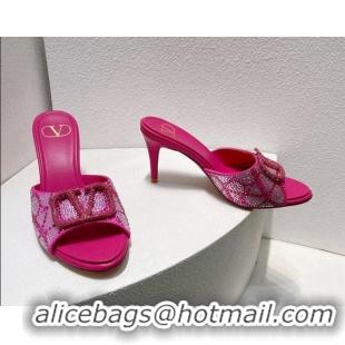 Stylish Valentino VLogo Heel Slides Sandal 8cm in Toile Iconographe Strass Dark Pink 612065