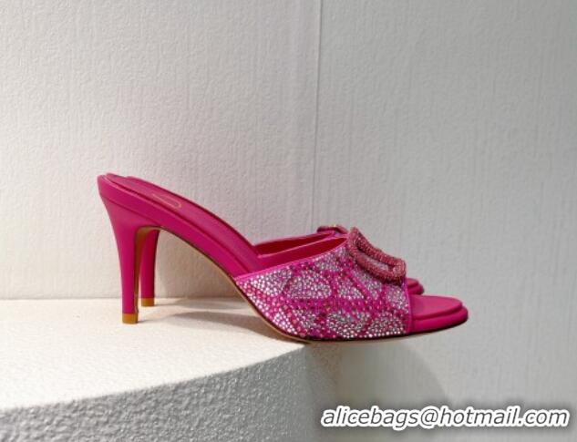 Stylish Valentino VLogo Heel Slides Sandal 8cm in Toile Iconographe Strass Dark Pink 612065