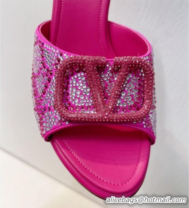 Stylish Valentino VLogo Heel Slides Sandal 8cm in Toile Iconographe Strass Dark Pink 612065