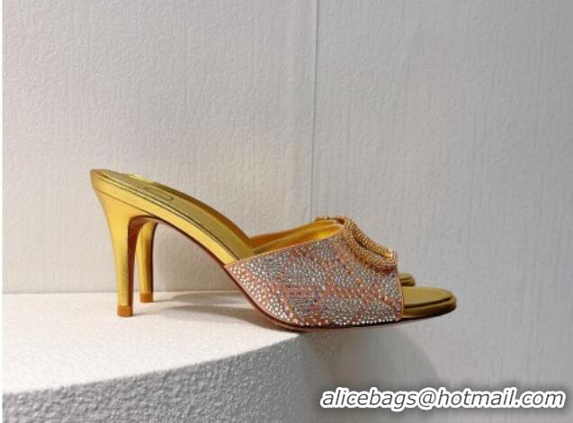 Purchase Valentino VLogo Heel Slides Sandal 8cm in Toile Iconographe Strass Gold/Nude 612066