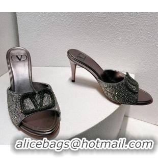 Good Quality Valentino VLogo Heel Slides Sandal 8cm in Toile Iconographe Strass Dark Grey 612067