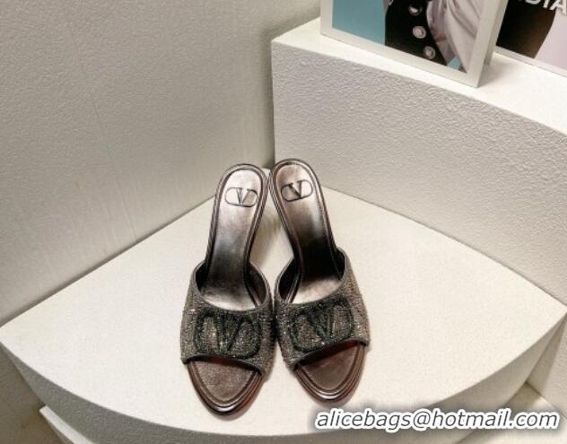 Good Quality Valentino VLogo Heel Slides Sandal 8cm in Toile Iconographe Strass Dark Grey 612067