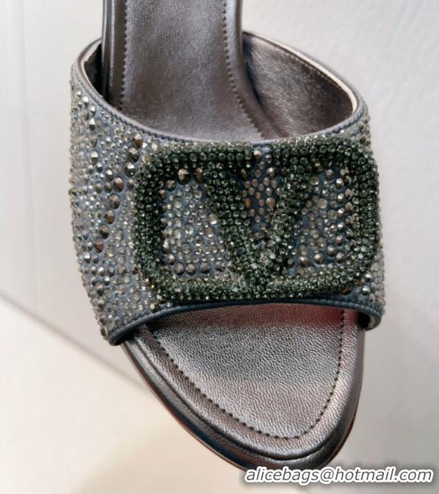 Good Quality Valentino VLogo Heel Slides Sandal 8cm in Toile Iconographe Strass Dark Grey 612067