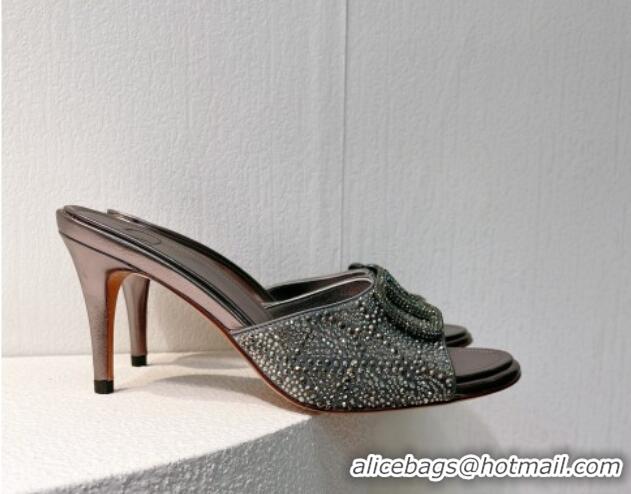 Good Quality Valentino VLogo Heel Slides Sandal 8cm in Toile Iconographe Strass Dark Grey 612067