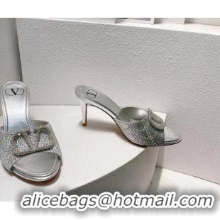 Grade Quality Valentino VLogo Heel Slides Sandal 8cm in Toile Iconographe Strass Silver/Grey 612068