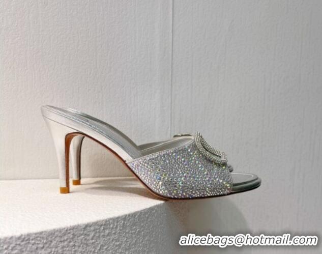 Grade Quality Valentino VLogo Heel Slides Sandal 8cm in Toile Iconographe Strass Silver/Grey 612068