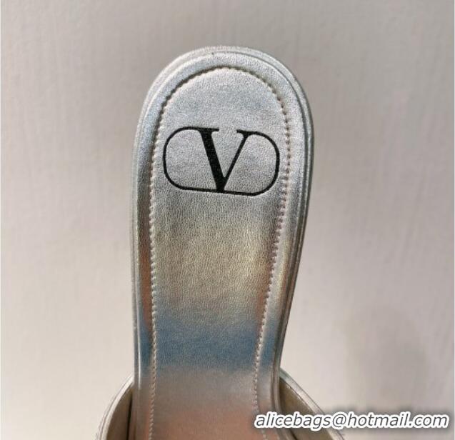 Grade Quality Valentino VLogo Heel Slides Sandal 8cm in Toile Iconographe Strass Silver/Grey 612068