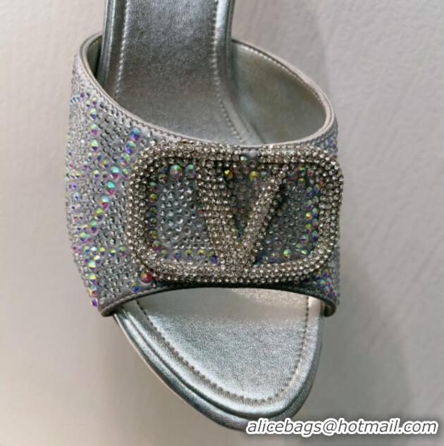 Grade Quality Valentino VLogo Heel Slides Sandal 8cm in Toile Iconographe Strass Silver/Grey 612068