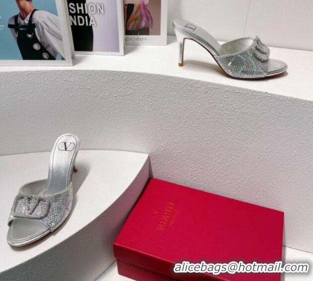 Grade Quality Valentino VLogo Heel Slides Sandal 8cm in Toile Iconographe Strass Silver/Grey 612068