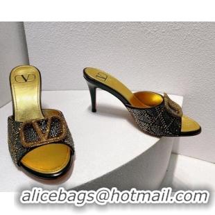 Classic Hot Valentino VLogo Heel Slides Sandal 8cm in Toile Iconographe Strass Gold/Black 612069